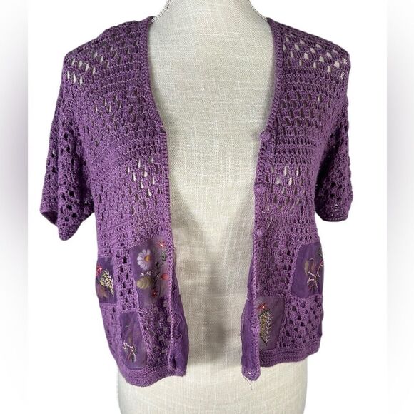 Purple Knit Handmade Gardencore Grannycore Unique Flower Patch Sweater - Picture 2 of 11